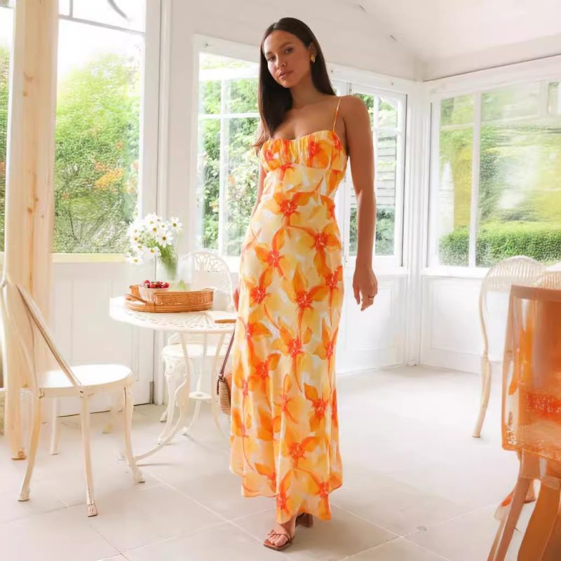 Summer Floral Print Backless Mid-Length Dress Women - Image 2