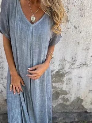 Women’s Cotton Linen V-Neck Semi-Formal Dress