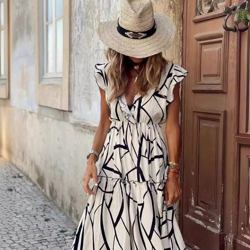 Spring Summer Geometric Print V-Neck Women Dress - Image 4