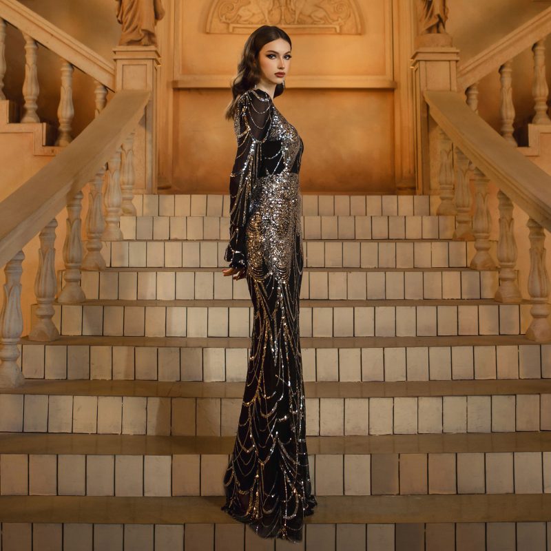 Women’s Sequin Round Neck Long Sleeve Fishtail Dress - Image 2