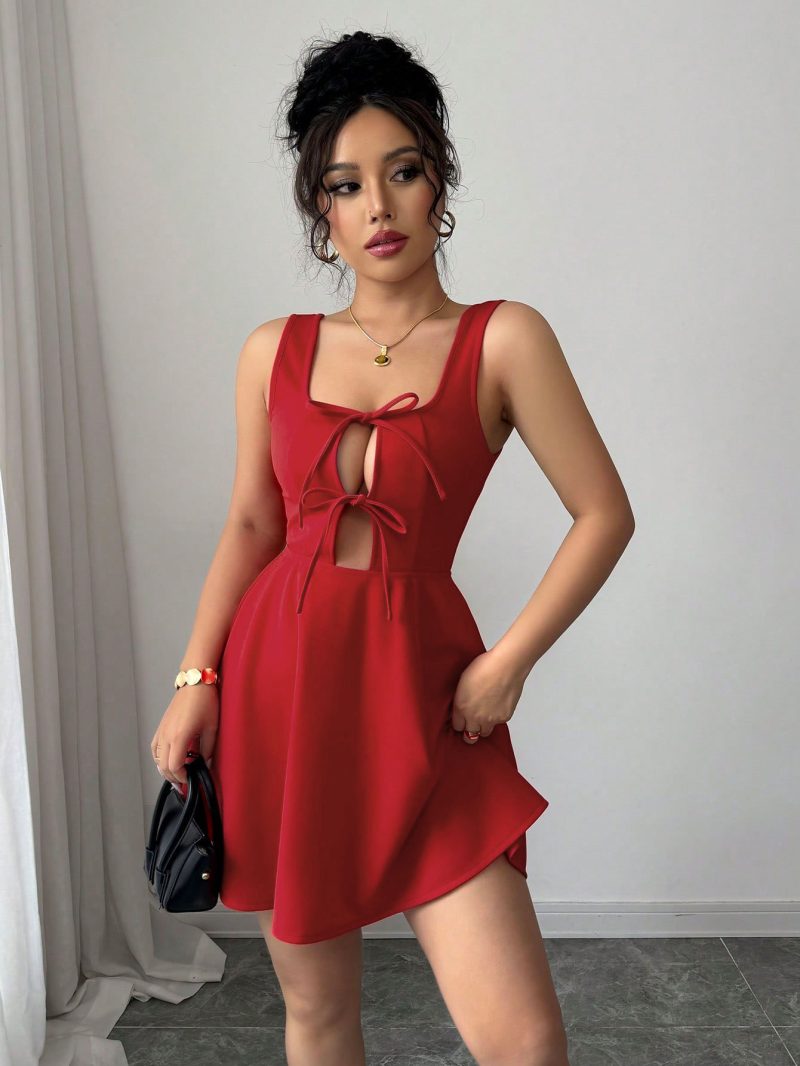 Summer Square Collar Red A-Line Slip Dress - Image 3