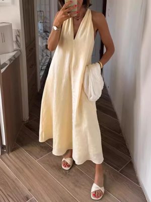 Women’s Summer V-Neck Sleeveless Loose Pocket Dress