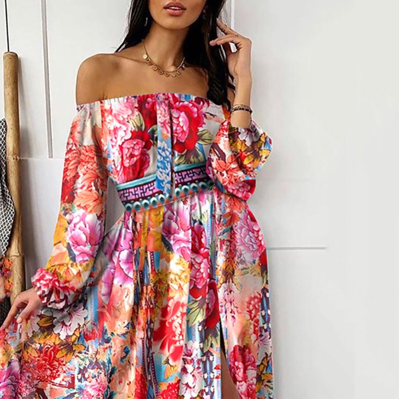 Retro V-Neck Long Sleeve Evening Printed Dress - Image 2