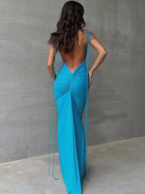 Solid Color Backless Pleated Long Strap Dress