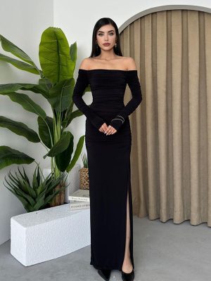 Elegant Off Shoulder Pleated Split Evening Dress