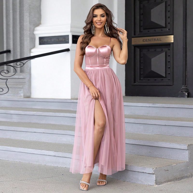 Contrast Color Mesh Slim Fit Slit Dress - Image 4