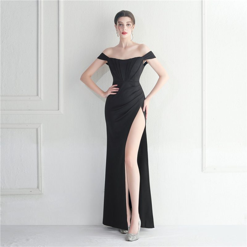 Elegant Off Shoulder Split Evening Wedding Dinner Dress - Image 3