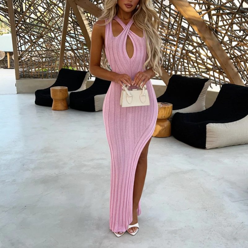 Summer Solid Color Knitted Side Split Bodycon Dress - Image 4