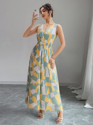 Elegant V Neck Sleeveless Waist Slimming Dress