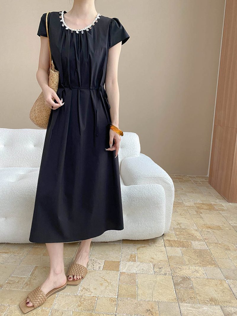 Beaded Round Neck Lace-Up Waist A-Line Dress - Image 4