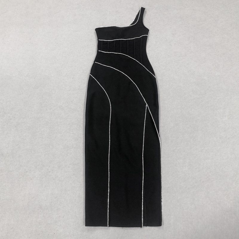 Black One-Shoulder Corset Bandage Dress with Split - Image 3