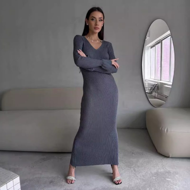 Women’s Long Sleeve Knitted Ribbed Winter Dress - Image 3