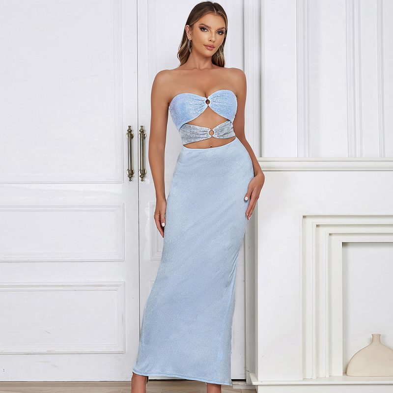 Simple Strapless Lace Sequined Cutout Waist Dress
