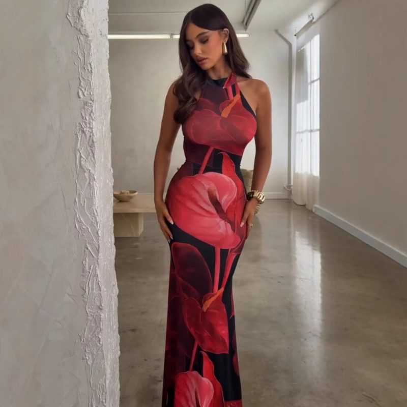 Summer Print Backless Slim Fit Dress