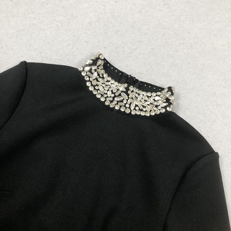 Black Rhinestone Split Long Sleeve Bandage Dress - Image 4