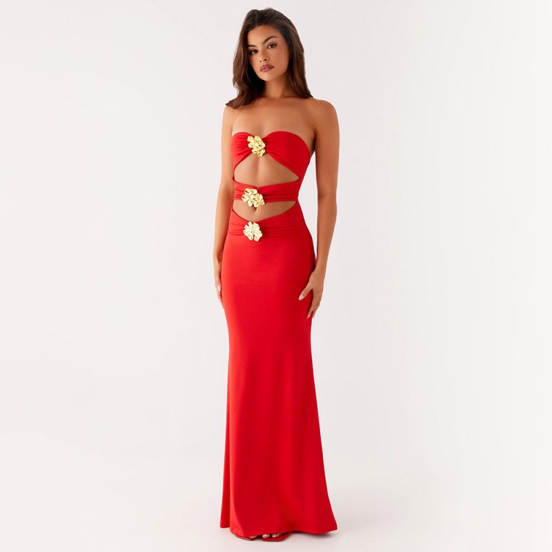 Summer Off Neck Metal Floral Cutout Maxi Dress - Image 2