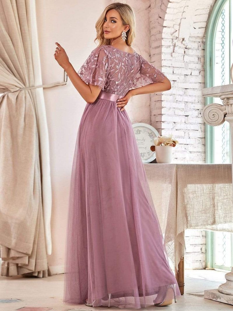 Autumn Patchwork Round Neck Swing Evening Dress - Image 3