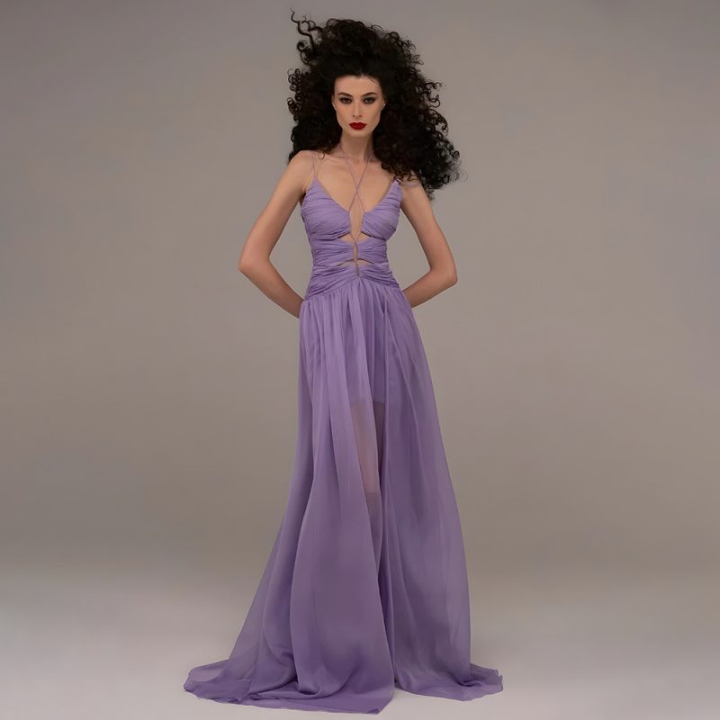 Autumn Light Purple Chiffon Pleated Mesh Dress
