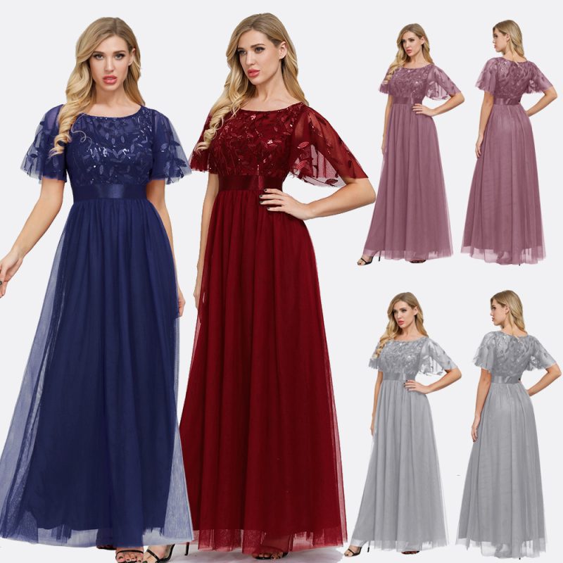 Autumn Patchwork Round Neck Swing Evening Dress - Image 4