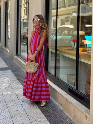 Halter Backless Striped Print Maxi Dress Women