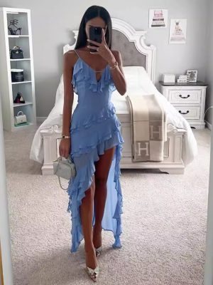 Solid Color Sling Asymmetric Irregular Women’s Dress