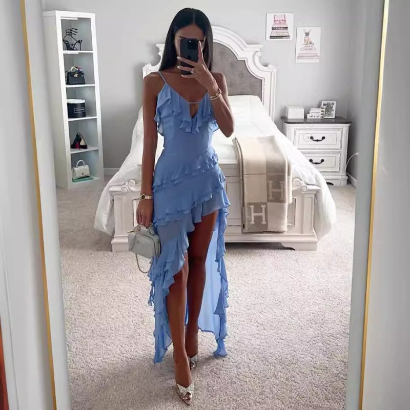 Solid Color Sling Asymmetric Irregular Women’s Dress