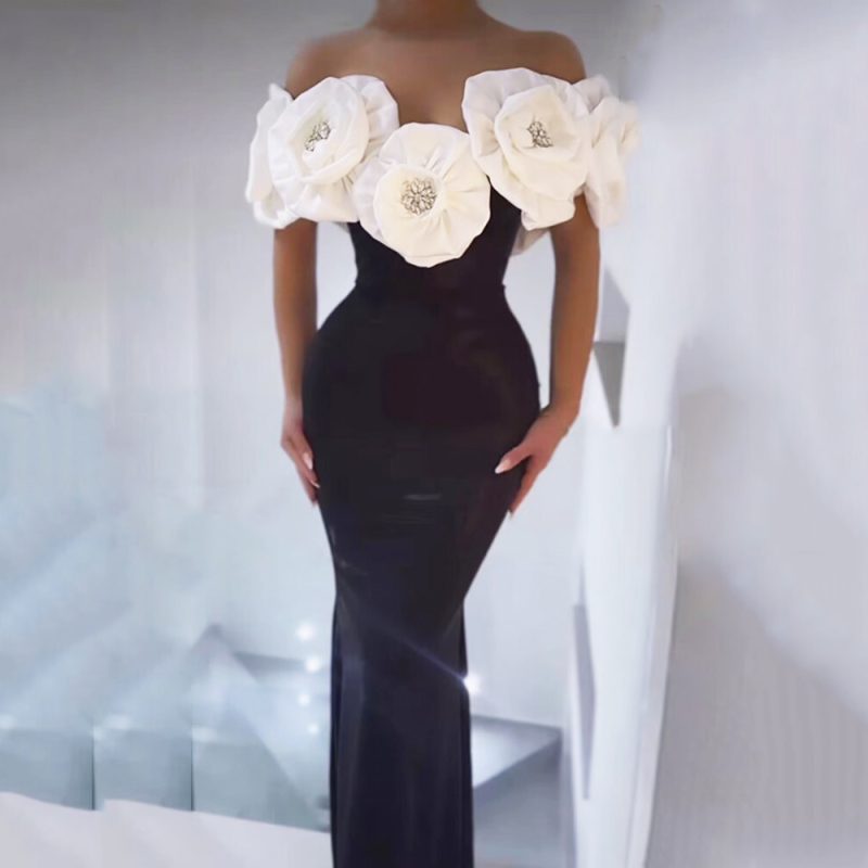 Off-Shoulder Bandage Dress with Large Floral Detail - Image 3