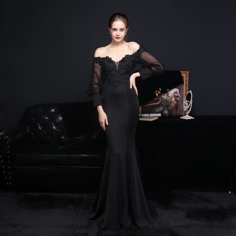 Korean Satin Lace Diamond Long Sleeve Evening Dress - Image 4