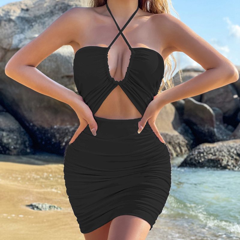 Cross Lace-Up Cutout Sheath Slim Fit Dress - Image 3