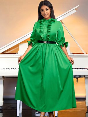 Elegant Pleated Lantern Sleeve Belted Evening Dress