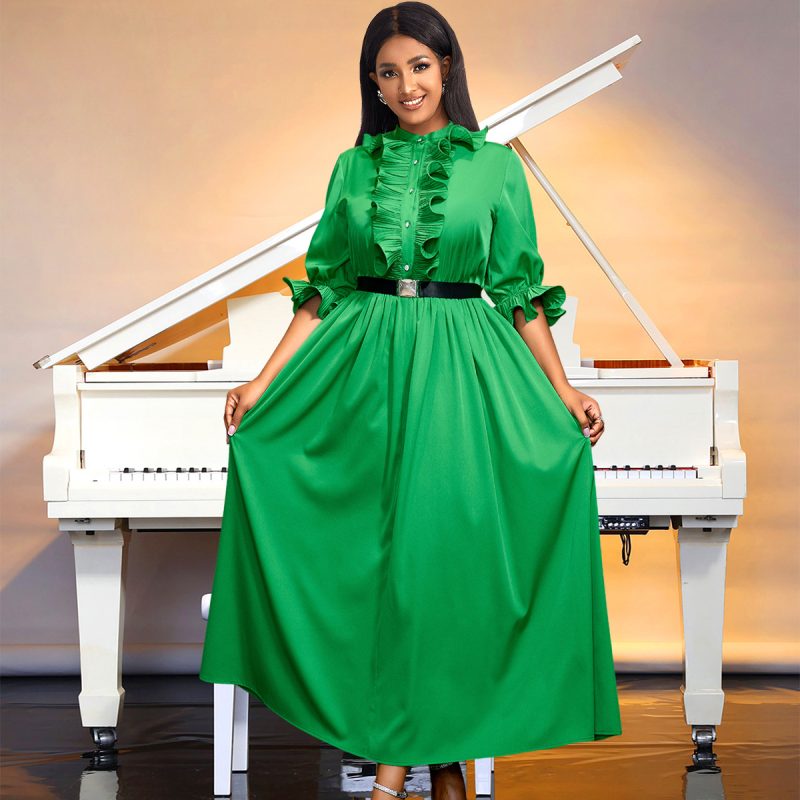 Elegant Pleated Lantern Sleeve Belted Evening Dress