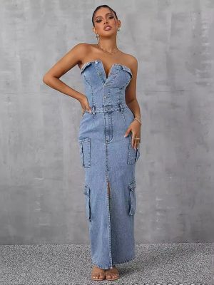 Casual Tube Top Denim Dress with Pockets