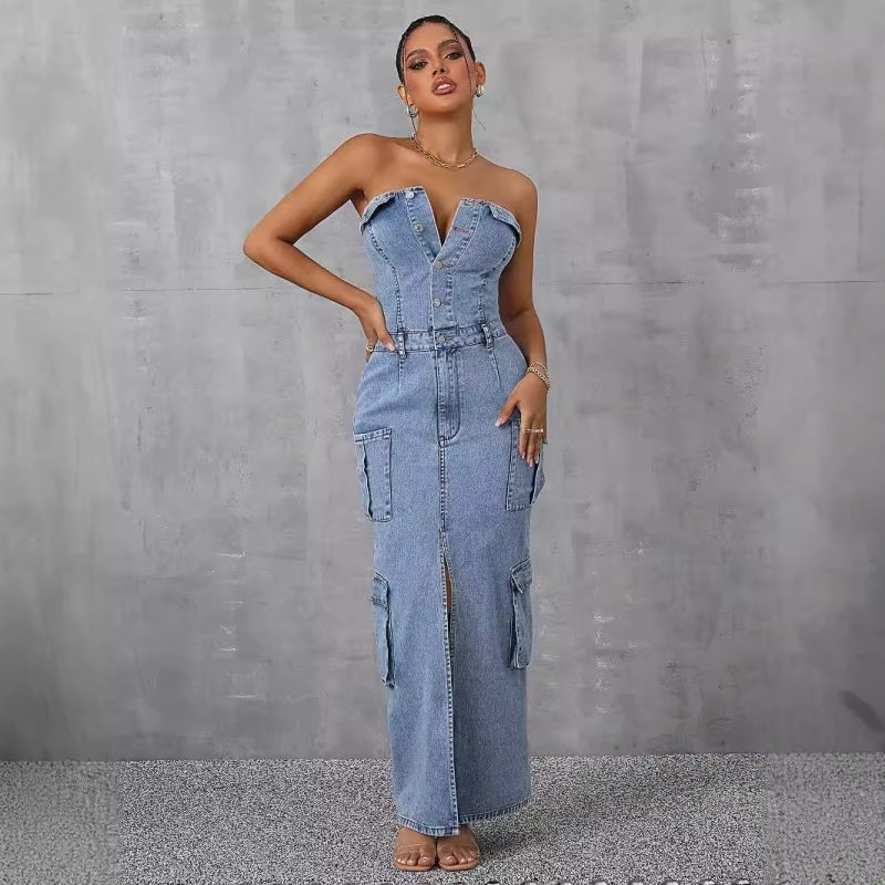 Casual Tube Top Denim Dress with Pockets