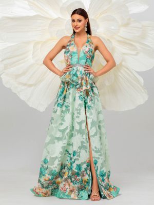 Sleeveless V-Neck Halter Floor Length Evening Dress