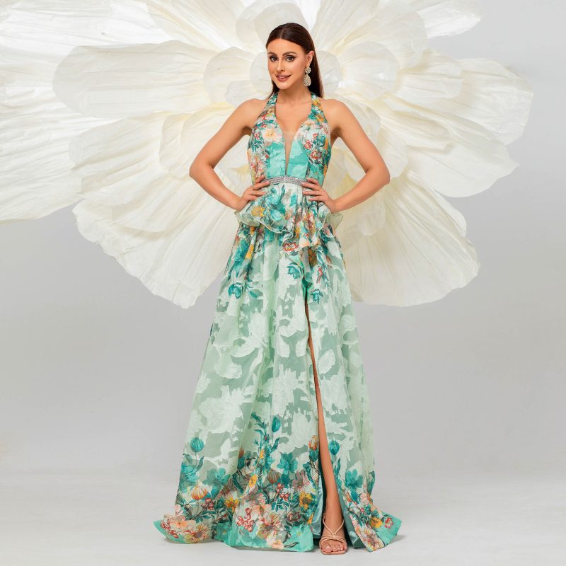 Sleeveless V-Neck Halter Floor Length Evening Dress