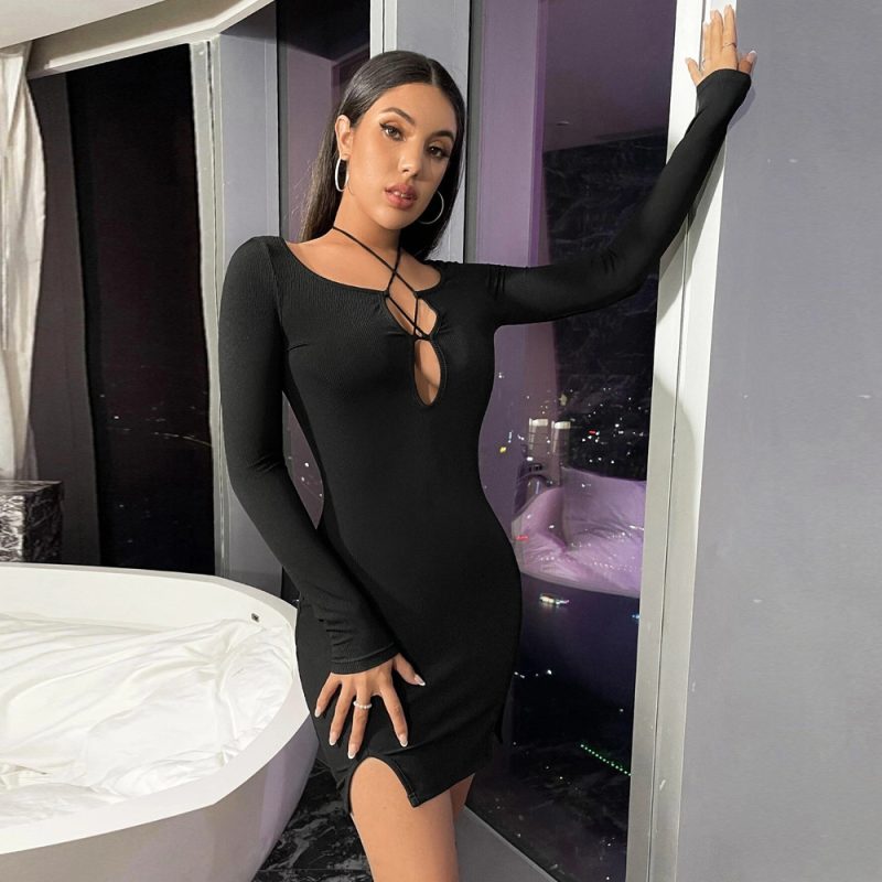 Autumn Winter Women’s Black Hollow Out Mini Dress - Image 3