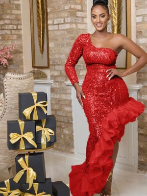 Sequin One Shoulder Mesh Asymmetric Evening Dress