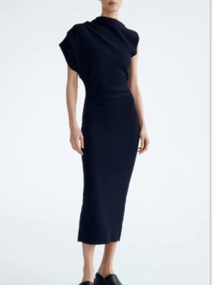 Women’s Autumn Black Knitted Asymmetric Maxi Dress