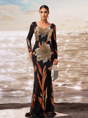 Women’s Sequin V-Neck Long Sleeve Fishtail Dress