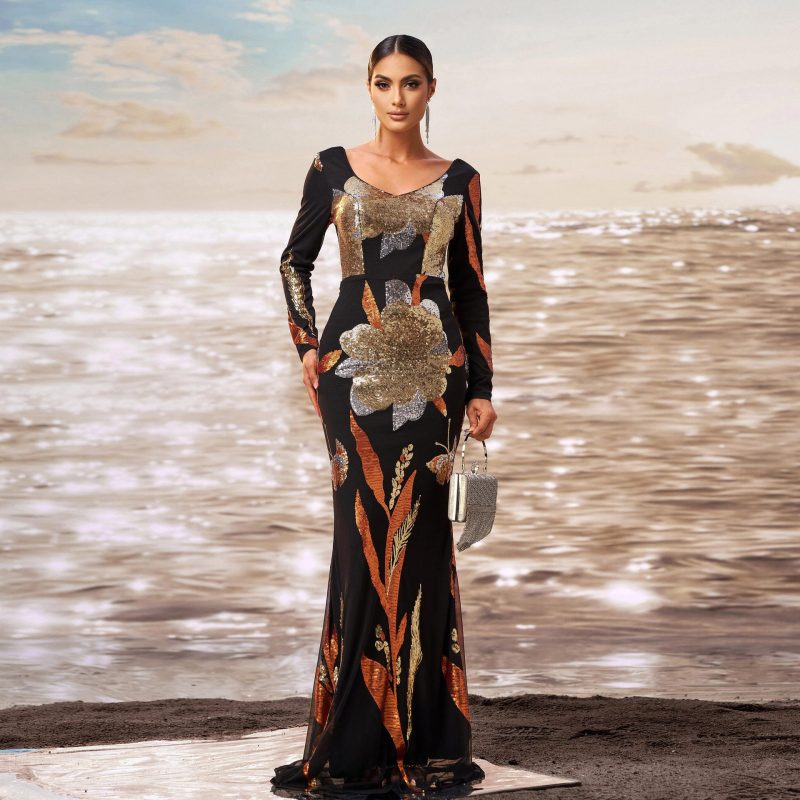 Women’s Sequin V-Neck Long Sleeve Fishtail Dress