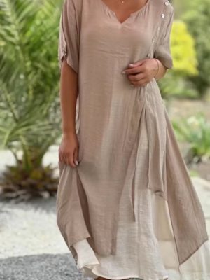 Spring Summer V-Neck Short Sleeve Women Dress