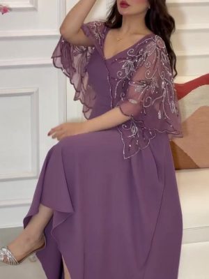 Embroidered V-Neck Evening Dress with Shawl