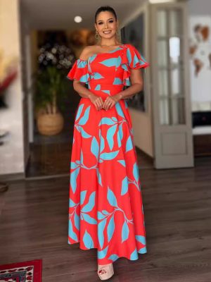 Printed Off Shoulder Ruffled Sleeve Women Dress