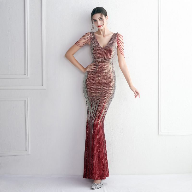 Elegant Mixed Color Sequin Beaded Long Evening Dress - Image 4