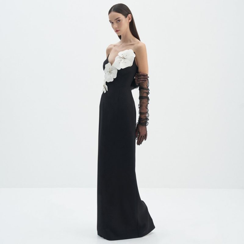 Spring Summer Black Floral Off-Shoulder Tube Dress - Image 2