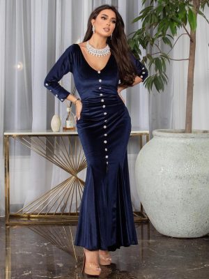 Autumn Winter Elegant Slim Velvet Buckle Dress