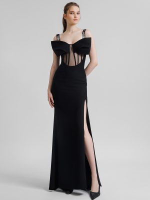 Winter Black Rhinestone Strappy Bow Maxi Dress