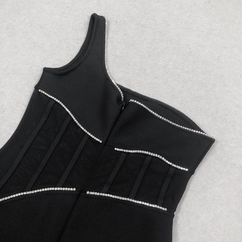 Black One-Shoulder Corset Bandage Dress with Split - Image 4