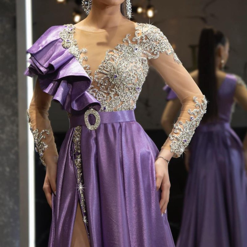 Luxury Purple Gold Satin Sequin Evening Gown - Image 4
