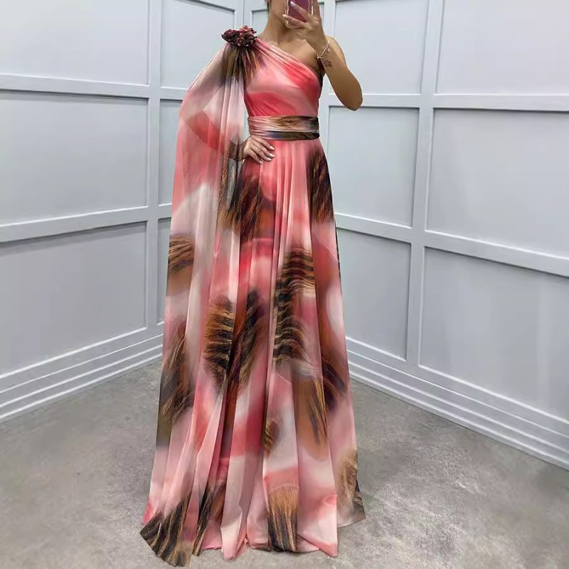 Women’s Autumn Winter Chiffon Printed Shoulder Dress - Image 3
